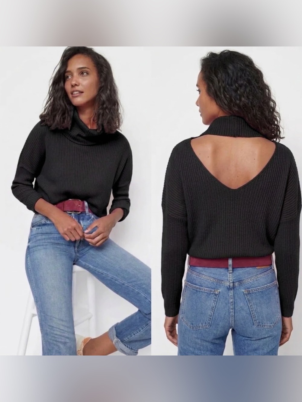 Anthropologie Maeve Black Ribbed Cowl-Neck Open Back Sweater